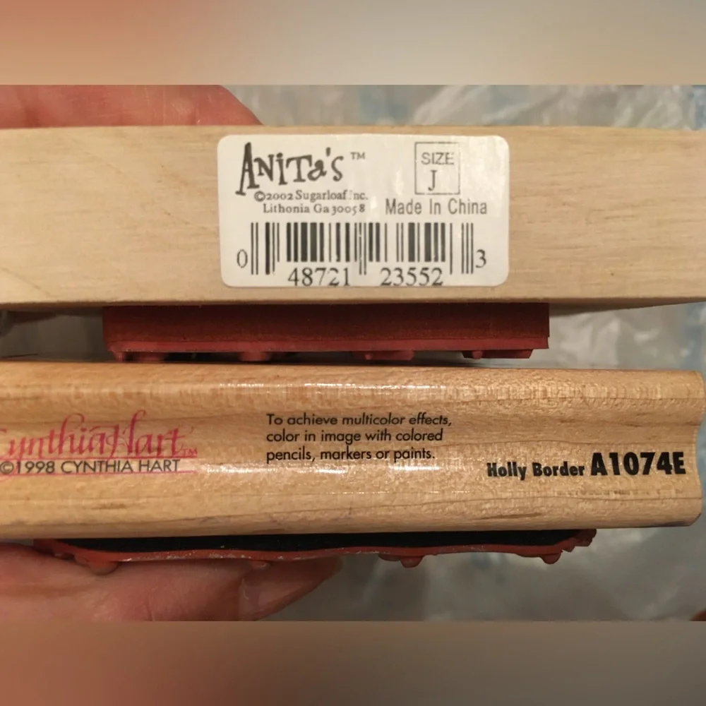2 wood stamps: Holly Border, Party invitation w/time/date/place. Wood & rubber.
